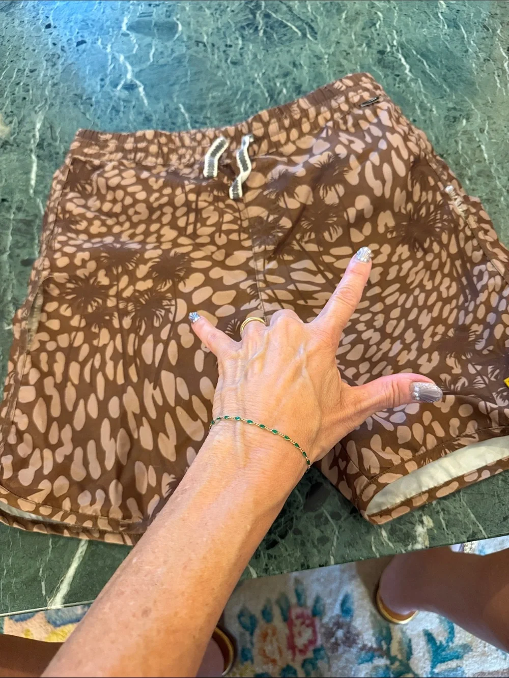 🤎 Munster Brown and Tan Palm Print Kids (12) Swim Trunks (needs sewing love) 🤎